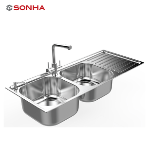 Precios de Mayoreo: Fregaderos de Cocina Dobles de Acero Inoxidable Prensado con Mesa de Trabajo - Product Image 1