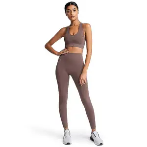 Pas cher 2022 De Yoga Costume Étiré Élastique Nylon Spandex Tissu OEM Faible QUANTITÉ MINIMALE DE COMMANDE D'entraînement de Remise En Forme Usure 2 Pièces Ensemble De Haute Qualité Produit