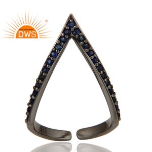 Bague midi en argent sterling 925 de conception antique indienne, plaquée rhodium noir, bijoux en gros, ensemble de pierres précieuses en saphir bleu - Product Image 6