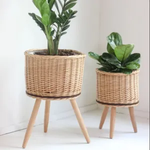 2つの卸売高品質籐植木鉢、籐植物スタンドウッドスタンドナチュラルカラーのセット