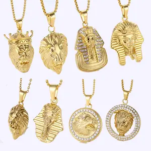 Cool Men Boy Lion King collana strass in acciaio inossidabile collana con ciondolo faraone egiziano Hiphop collane con leone animale in oro