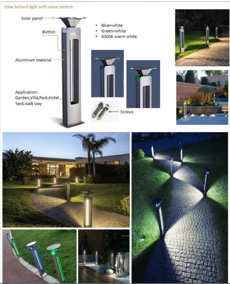 2021 Newest Solar pillar light Voice Control 3w Bollard Light Waterproof RGB Aluminum Outdoor Led housing bollard Lighting