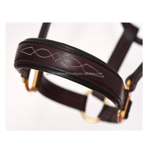 Cabestro de caballo de cuero marrón cosido, hecho a mano Accesorio clásico, suave, acolchado, hardware de latón sólido y enganche en la garganta - Product Image 1