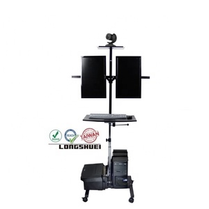 Soporte de carro ajustable de pantalla dual con soporte para ordenador móvil, estación de trabajo con opción de espacio, soporte de registro y estante flotante, montaje en poste - Product Image 2
