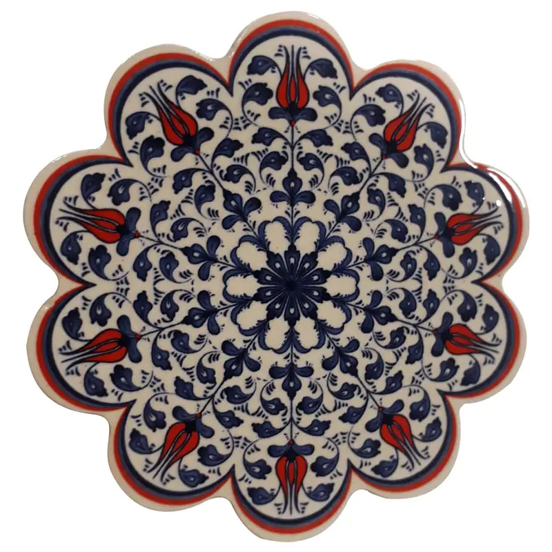 Kerajinan Ubin Ottoman Buatan Tangan Keramik Trivet Detailing Tradisional Bunga Tulip Merah Dihiasi Biru Laut Putih Porselen Trivet