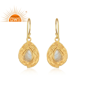 Natural Pear Cut Rainbow Moonstone <b>Earrings</b> Jewelry Wholesale Gold Plated 925 <b>Silver</b> <b>Dangle</b> Design Jewelry Supplier - Product Image 3