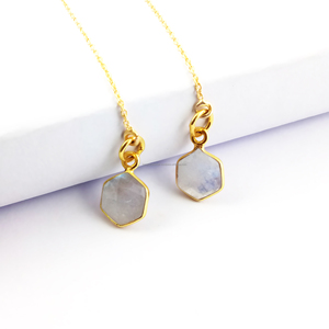 High Quality Gold Plated Sterling Silver Octagon <b>Rainbow</b> Moonstone Gemstone Bezel Set Threader Bohemian Earrings for Wedding - Product Image 1
