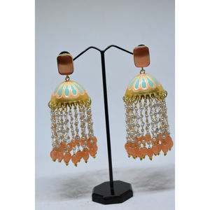 partywear meenakari handmade brass golden matte finishing stone <b>stud</b> long jhumki hoop earing for <b>girls</b> and women - Product Image 1