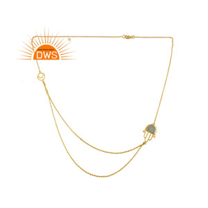 Aqua Chalcedony Gemstone Necklace Hamsa Hand Designer Gold Plated Silver Double Chain Necklace Jewelry Supplier - Product Image 1