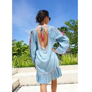 Seaboard Style Rayon Embroidered Back Less Sexy Boho Chic Summer Short Dress Sunshine Relax Fit Women Resort Wear Cover Up Tunic