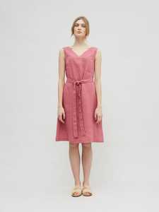 Trending latest design pink color crepe <b>fabric</b> v-neck sleeveless knee-length for girls <b>linen</b> dress - Product Image 3