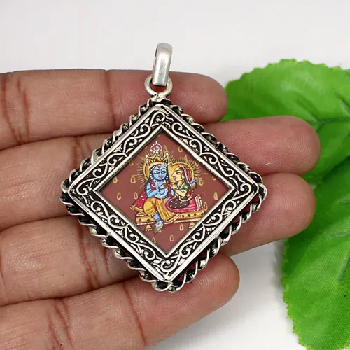 Lord Radha Krishna Painting Pendant Handmade Spiritual 925 Silver Boho Pendant