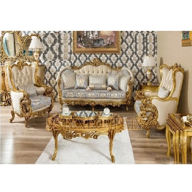 Best Traditional Style Antique Golden Carved Teak Wood Sofa Set for Home Decor Modern Living Room Set Manufacturer Exporter USA