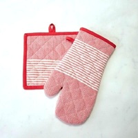 Ensemble de gants de four et de protège-plat à rayures rouges, 100% coton biologique certifié GOTS, antidérapant, pour le camping et la restauration