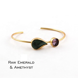 Natural Rough Emerald Gemstone <b>Bangle</b> Jewelry Gold Plated Adjustable Handmade Collet Setting <b>Bangles</b> <b>Bracelet</b> Gift for Girls - Product Image 2
