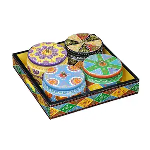 Wooden Handcrafted Tray Round Four Dried Fruit Box Container Showpiece Table Top Showpieces Modern Home Decor Wholesale