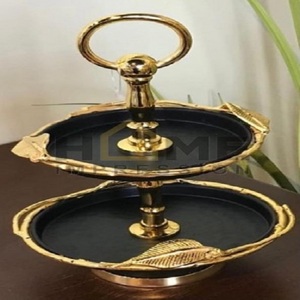 Premium Quality Metal Rims Stand Glossy Black Enamel Round Glass Beaded Corner Serving 2 Tier Luxury Cake Stand for Best Sale - Product Image 4