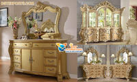 Table console moderne antique en teck massif avec miroir de console doré en bois sculpté à la main richement décoré
