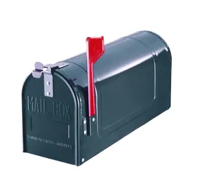 Jenis Kotak Surat Amerika dengan Bendera Merah Kotak Tiang Taman Dibuat dari Baja Perak dan Warna Hijau Gelap Desain Kotak Surat Dekoratif