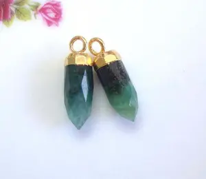 Tinny Dainty Small Pendant Pointed Pencil Shaped Green Jade Gems Pendant Hot Selling Silver Gold Plated Bezel Set Pendant