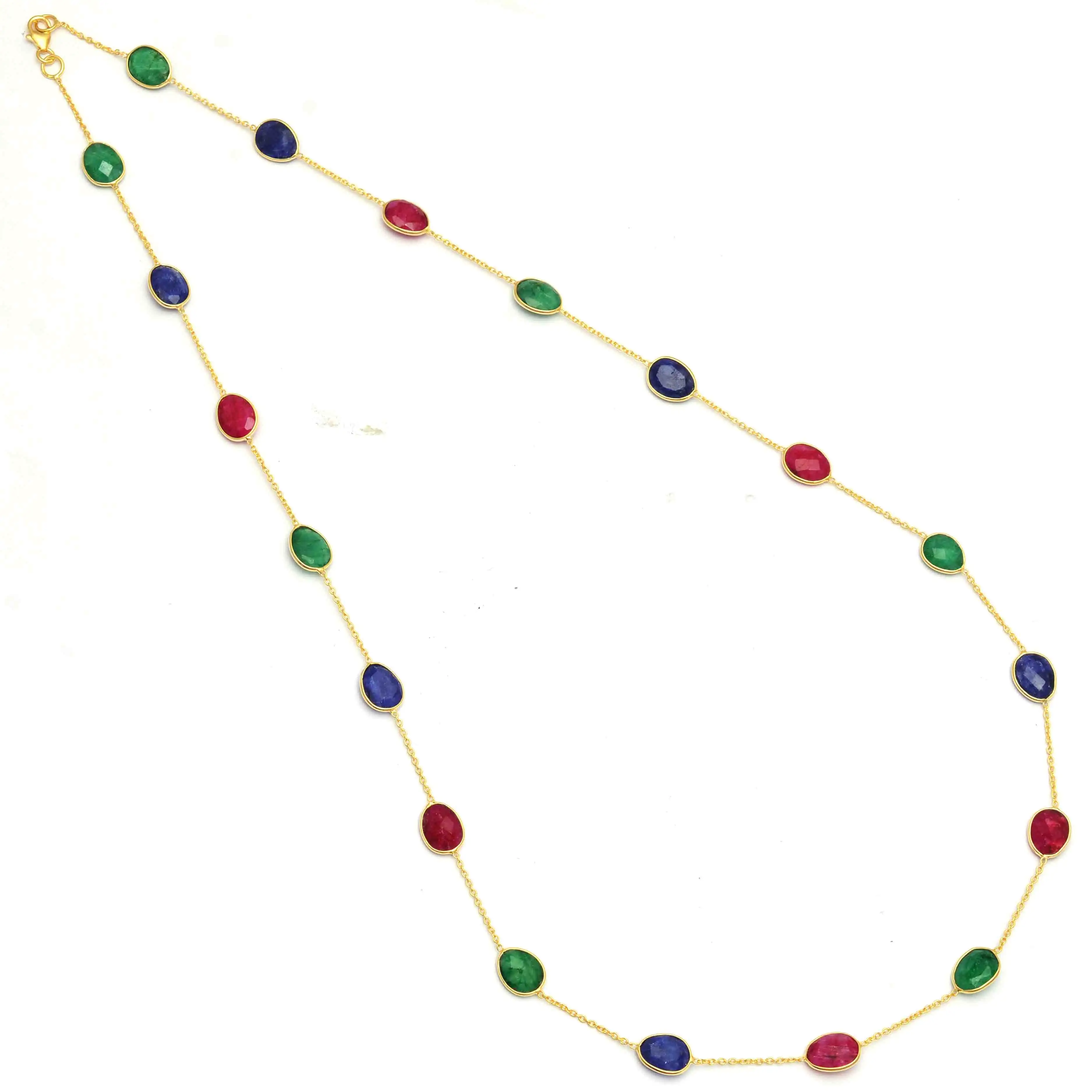 Emerald Ruby Sapphire Precious Necklace 18 Inches Long Chain Gold Plated Jewelry 925 Sterling Silver Solid Rope Chain Necklaces