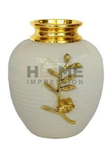 <b>White</b> Enamel <b>Gold</b> Plated Flower Vase with <b>Gold</b> Leaf Attachment Home <b>Desk</b> Organizer Wholesale Supplies Metal Toptable Vase - Product Image 5