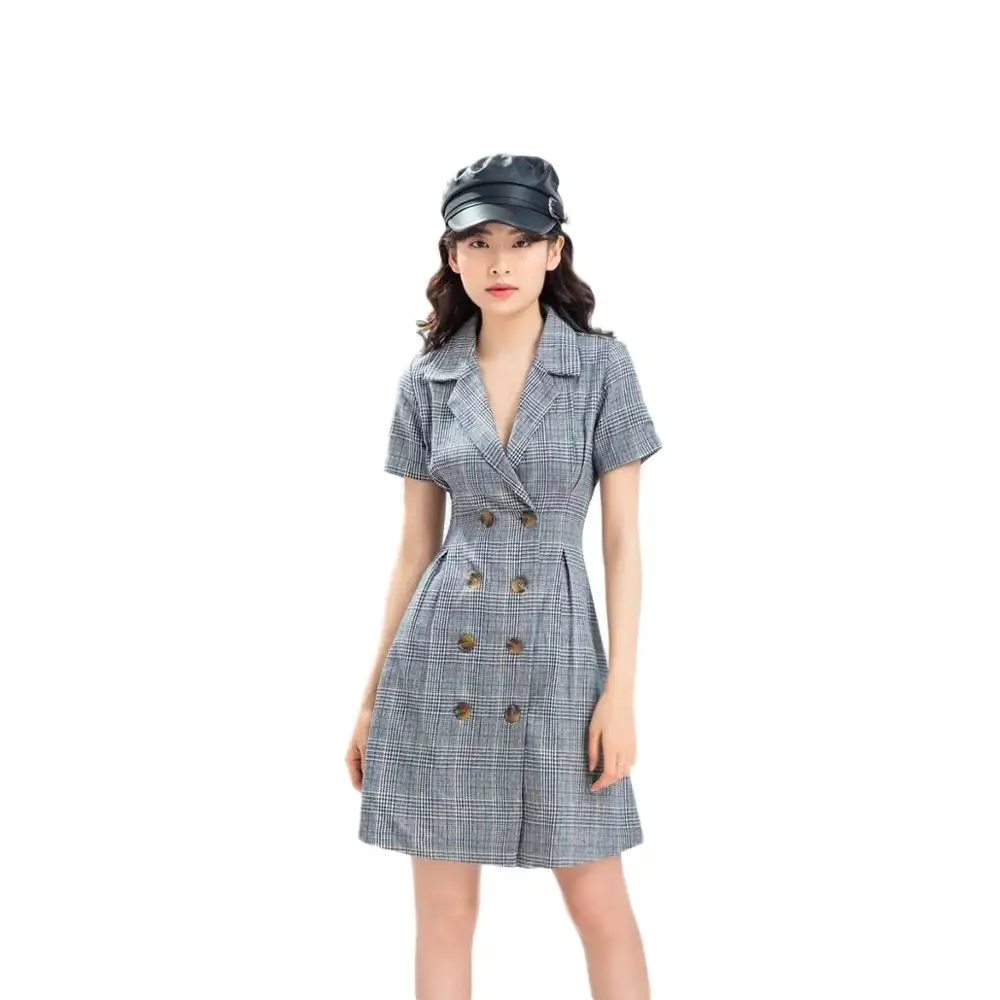 2020 women clothing checked plaid turn-down collar women Vietnamese T-shirt dress 2020 high quality