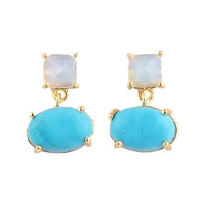 Pendientes colgantes de plata y oro para mujer, juego de pendientes colgantes de doble piedra, de opalita de fuego y turquesa, exquisita moda