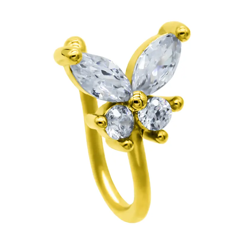 Cincin hidung palsu lapis emas zirkon, cincin hidung palsu, cincin manset kristal kupu-kupu 20G, cincin untuk hidung tanpa tindik