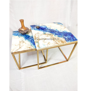 Handcrafted High Quality Metal & Wooden <b>Epoxy</b> Resin Nesting <b>Table</b> With Shiny Gold Plated Stand Bedroom <b>Table</b> Garden Nested <b>Table</b> - Product Image 4
