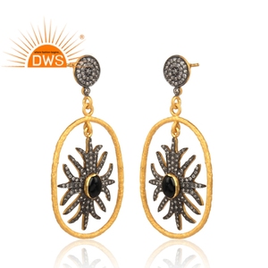 18k <b>Gold</b> Plated And Black Oxidized Silver Floral White Zircon <b>Dangle</b> <b>Earring</b> Wholesale Natural Black Onyx Gemstone <b>Earrings</b> - Product Image 2
