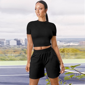 Wholesale Plus Size High Waisted <b>Elastic</b> <b>Belt</b> Biker Shorts Woman Custom Transfer Printing Logo O Neck Short Sleeve Crop Tops - Product Image 3