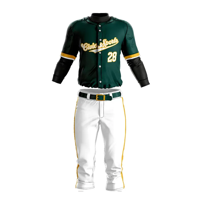 Design Coole modische sublimierte Baseball-Set maßge schneiderte grüne Full-Sleeve-Shirt mit weißer Hose Baseball-Uniform