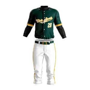 Design Cool Fashionable Sublimated Baseball Set Custom Made Green Full Sleeve Shirt With White Pant Baseball Uniform