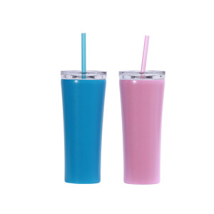 Vasos delgados de acero inoxidable, vaso de vino con <span class=keywords><strong>tapas</strong></span> y pajitas, doble pared, aislado, recto, 20 Oz - Product Image 1