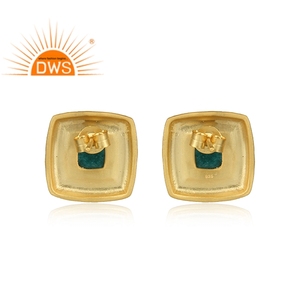 Pendientes de Esmeralda Verde al por Mayor, Diseño Texturizado, Pendientes de Plata Chapados en Oro, Joyería, Colección Clásica - Product Image 3