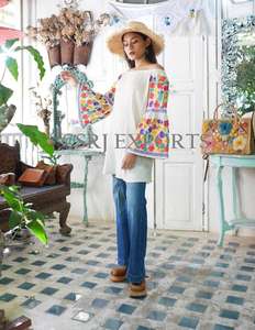 Femmes à la mode Boho haut en coton broderie florale dentelle sans bretelles nouveauté Style mexicain cloche manches 6XL plage gland lavable - Product Image 2