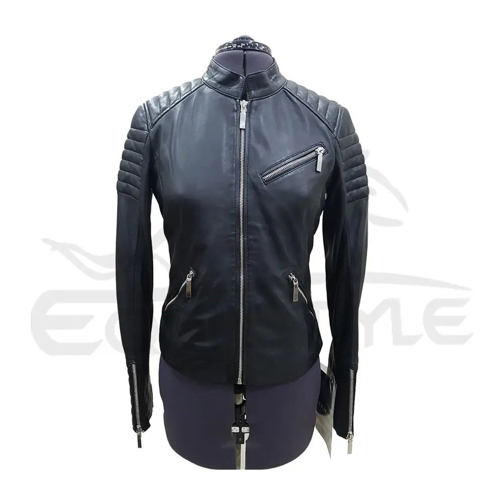 Vestes de moto en cuir véritable noir pour femmes col Mandarin manches longues Slim Fit dames mode personnaliser veste de motard