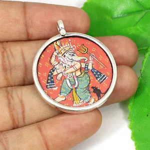 Glass Painting 3 D Art Solid 925 Sterling Silver Hand Painted Lord Ganesha Religious Temple Pendant Hindu Deity Pendant