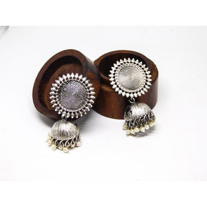 new designer indian style fashion brass silver look alike hoop round shape stud jhumka earings for women and girls - Product Image 1