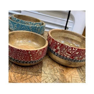 Superior Quality Hand Painted Wood Food Serving <b>Bowls</b> Set Of 4 Round Shape Different Sizes <b>Mixing</b> <b>Bowl</b> In India - Product Image 3