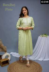 New Latest Cotton Silk Fancy Indian Traditional Embroidery Work Bandheji Printed Side Cut High-quality Fancy <b>Kurtis</b> for Women - Product Image 2