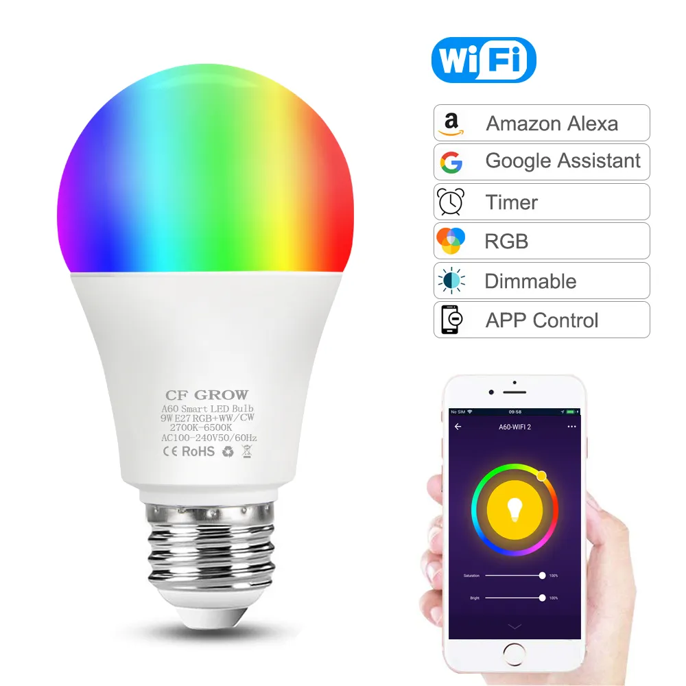 E26 E27 B22 Dimmable Wifi Light Led Bulbs, Home Smart 9W Wifi RGB LED Bulb Lights Multicolor