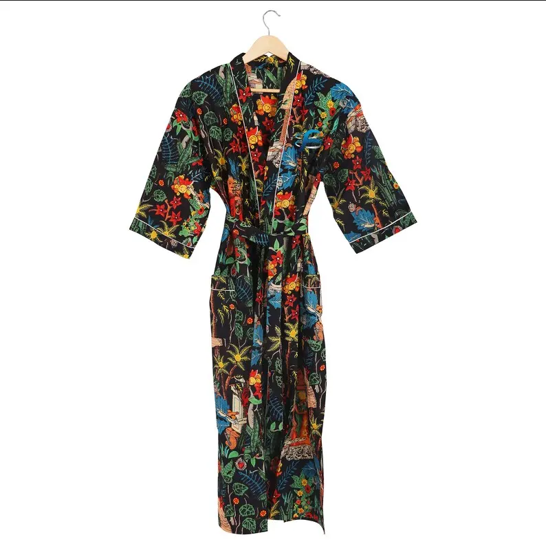 יוקרה איכות קיץ ללבוש Boho גבירותיי קימונו חלוק שמלת מקרית פרחוני הדפסת קימונו קרדיגן אירופאי כותנה חוף מקסי Robe