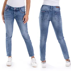 ODM OEM-Vaqueros elásticos para mujer, jeans elásticos con bolsillo frontal bordado, azul claro