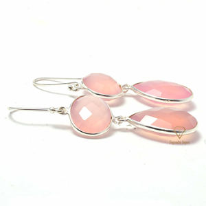 Handmade 925 <b>Sterling</b> <b>Silver</b> Drop <b>Earrings</b> Natural Pink Chalcedony Gemstone Fancy Bezel <b>Set</b> for Wedding Parties Trendy Gifts - Product Image 3