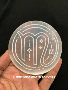 Beautiful Polished Etched Selenite Plate for Sale Wholesale Aries Zodiac Pattern <b>Engraved</b> Premium Quality Collectible Crystal - Product Image 4
