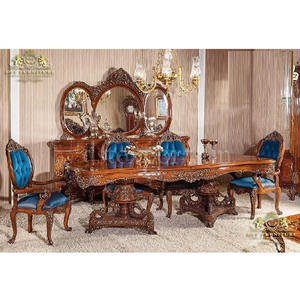 Traditional Dining Table Set in High Gloss Polished Carved Antique Dining Set with Walnut <b>Vintage</b> Indian Dining Table & <b>Chairs</b> - Product Image 1