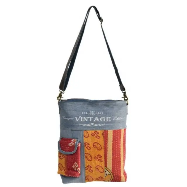 Indian Cotton Kantha Jhola Bag Sling Shoulder Bag Vintage old sari kantha Patchwork shopping Sling tote bag