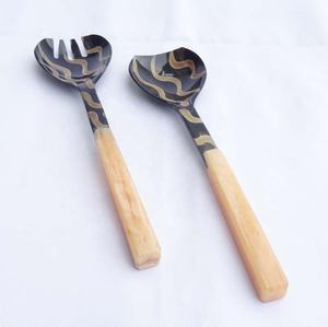 Horn Salad Serving Set with Resin Handle Lining Design Custom Made Portable Outdoor <b>Flatware</b> Biodegradable Bamboo - Product Image 4